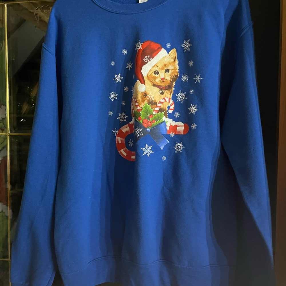 Jerzees Blue Holiday Cat Sweatshirt